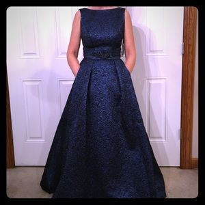 Dark blue Theia gown with pockets
